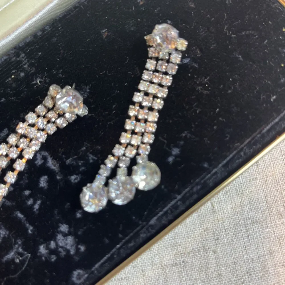 Pierced 3” Long Rhinestone Dangly Earrings